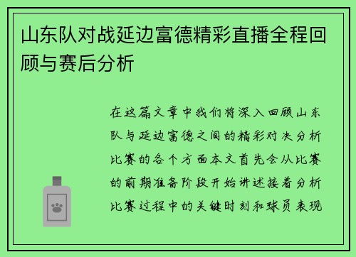 山东队对战延边富德精彩直播全程回顾与赛后分析